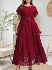 Robe de mère de la mariée trapèze en mousseline de soie et dentelle, longueur cheville, avec paillettes 