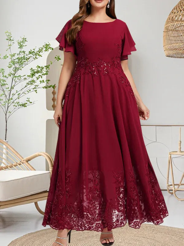 Robe de mère de la mariée trapèze en mousseline de soie et dentelle, longueur cheville, avec paillettes 