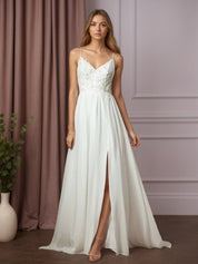 White A-Line Lace Chiffon Wedding Dress