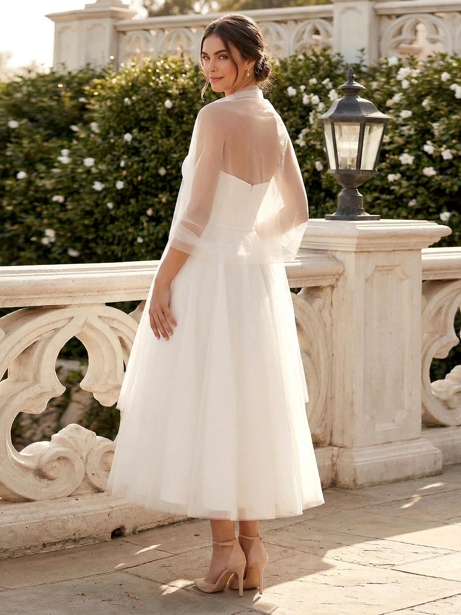 White Sweetheart Tea Length A Line Maxi Gown with Scarf