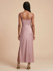 Cowl Neck Satin Midi Bridesmaid Dress with Adjustable Straps and Side Slit
