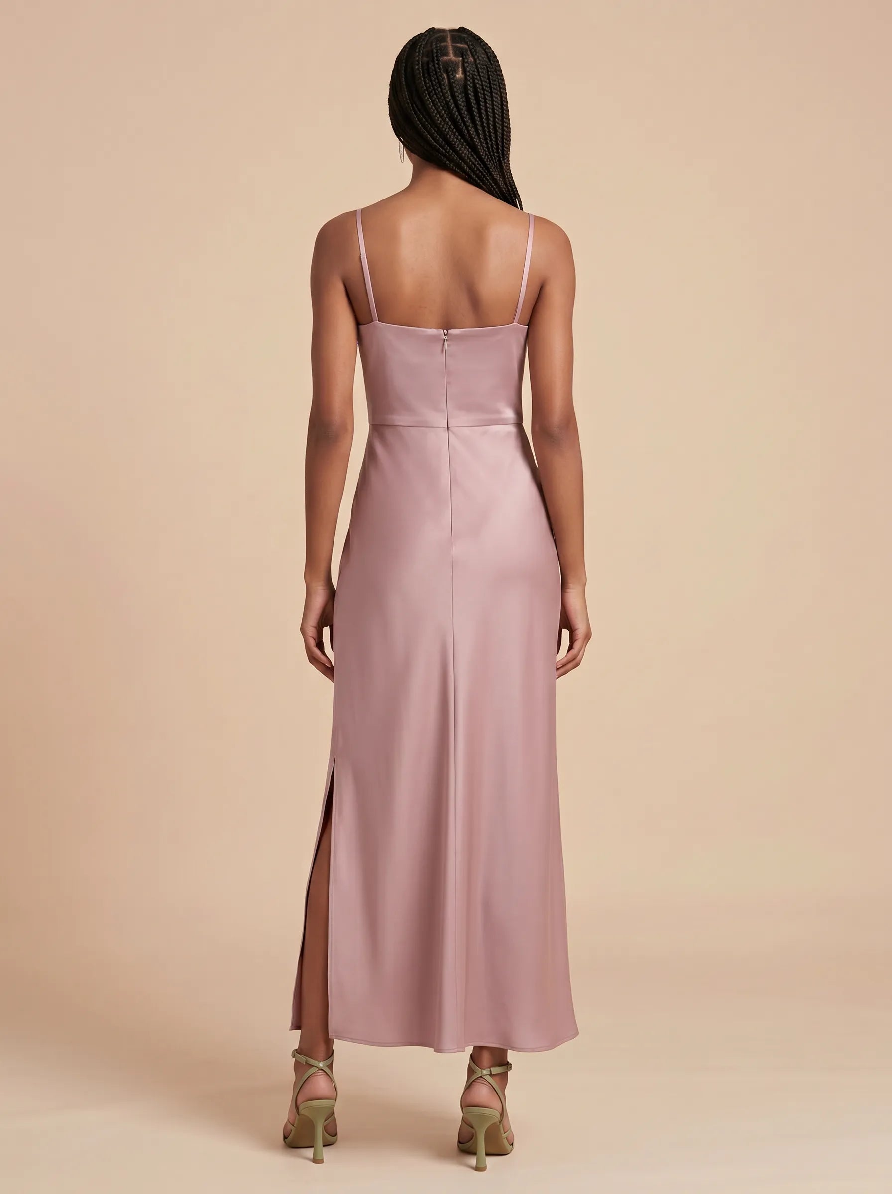 Cowl Neck Satin Midi Bridesmaid Dress with Adjustable Straps and Side Slit