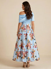 One Shoulder Floral Print Satin Mother of the Bride Dress with Pockets