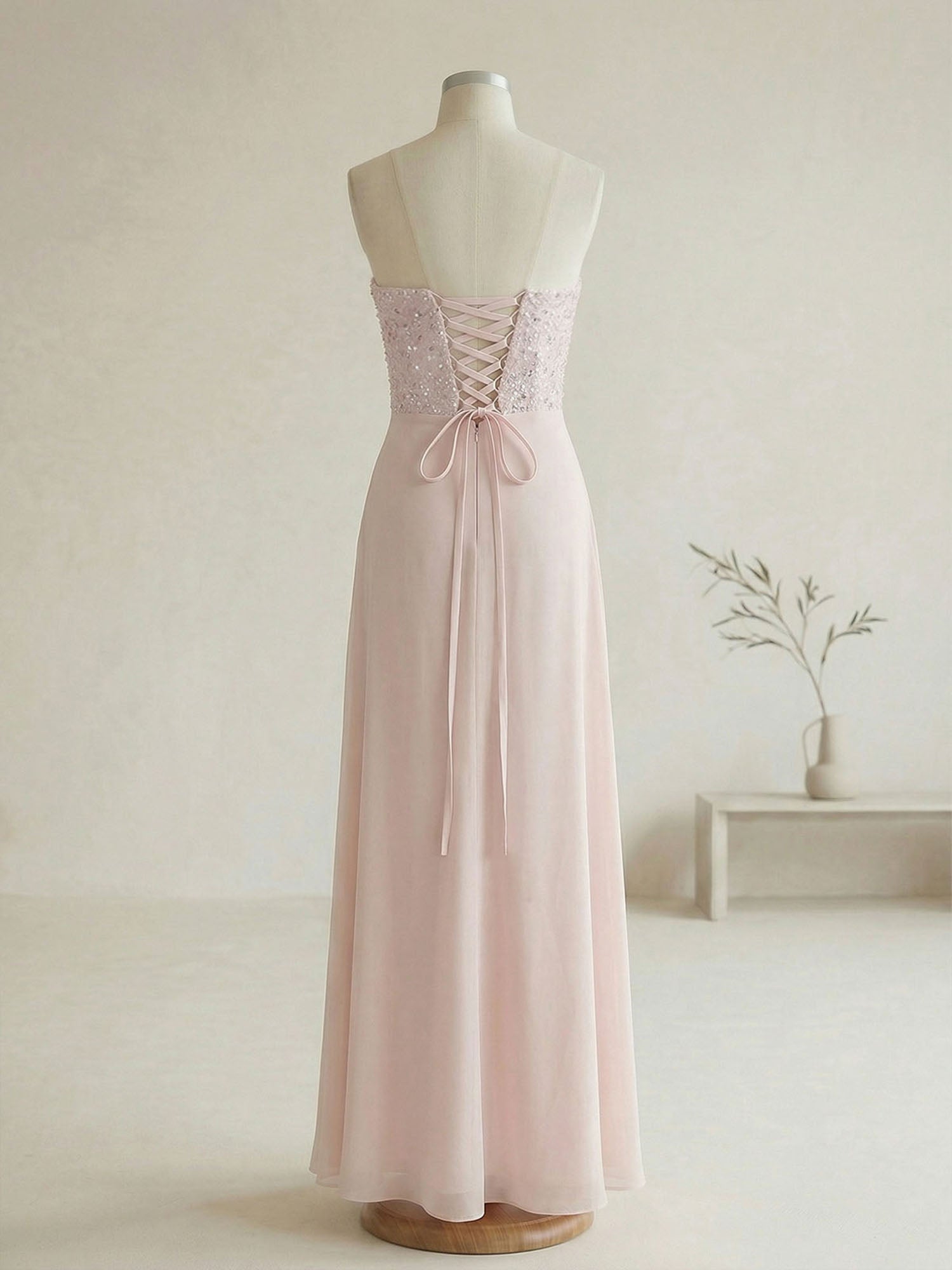 Glamorous Formal Evening Dress Soft Blush Beaded Strapless Slit Gown