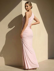 One Shoulder Pleat Maxi Dresses with Train Mermaid Satin Formal Dress