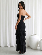 Black Strapless Chiffon Tiered Maxi Dress with Slit