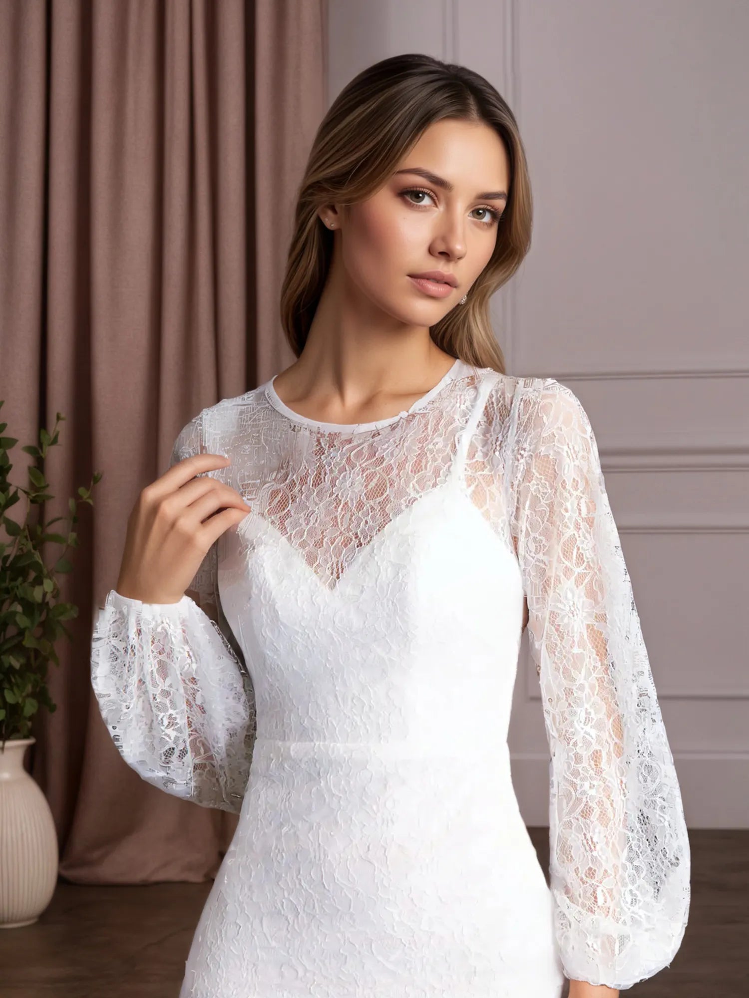 White Mermaid Scoop Neck Lace Wedding Dress