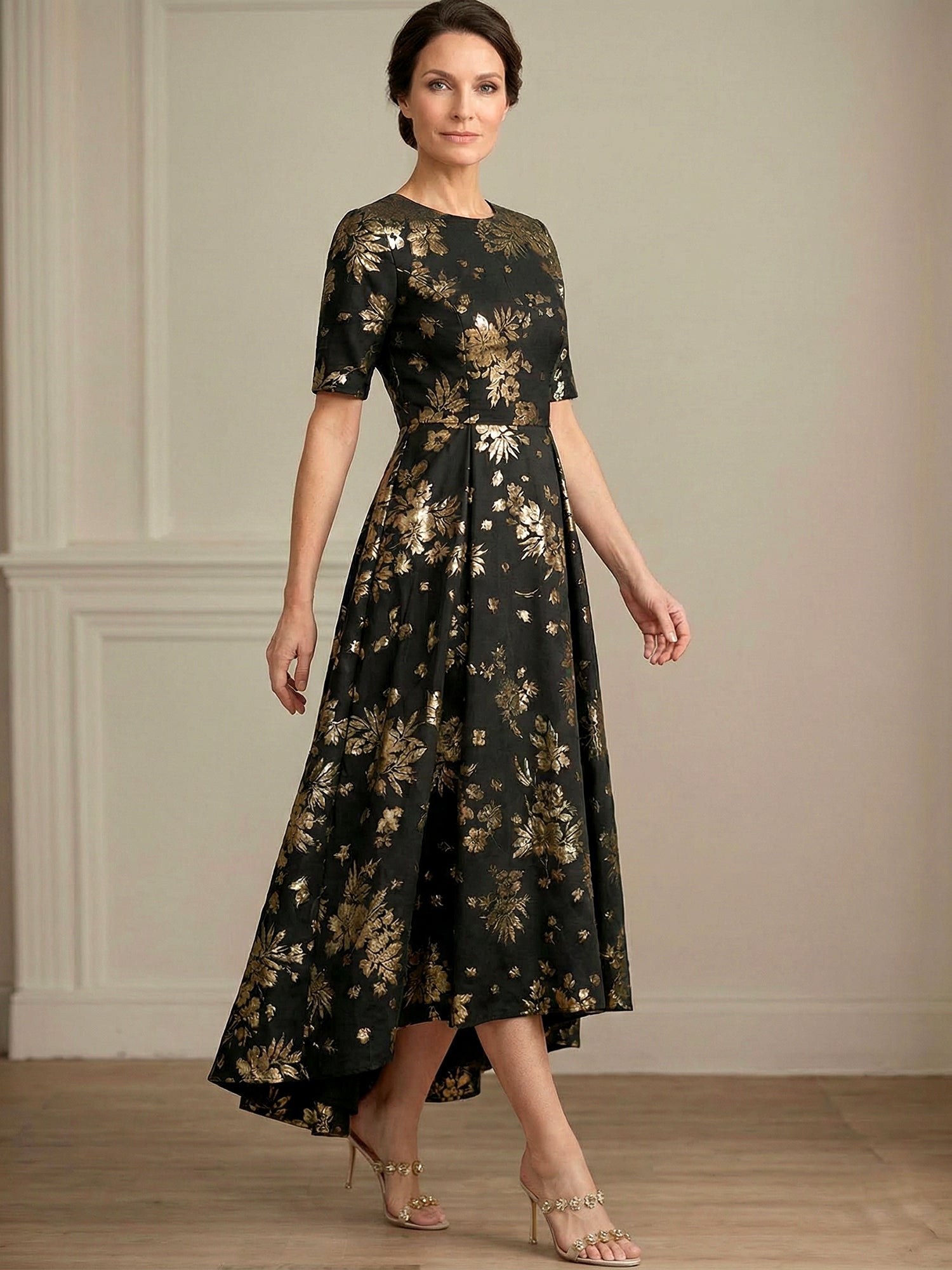 A-line Round Neck Short Sleeve Asymmetrical Jacquard Mother of the Bride Dress With Metallic Floral Print
