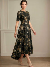 A-line Round Neck Short Sleeve Asymmetrical Jacquard Mother of the Bride Dress With Metallic Floral Print
