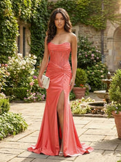 Lavender Strapless Satin Beaded Bodice Corset Prom Dress with Slit