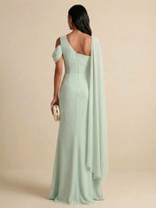 Sage Green Cape Sleeve Chiffon Evening Dress with Ruched Waist