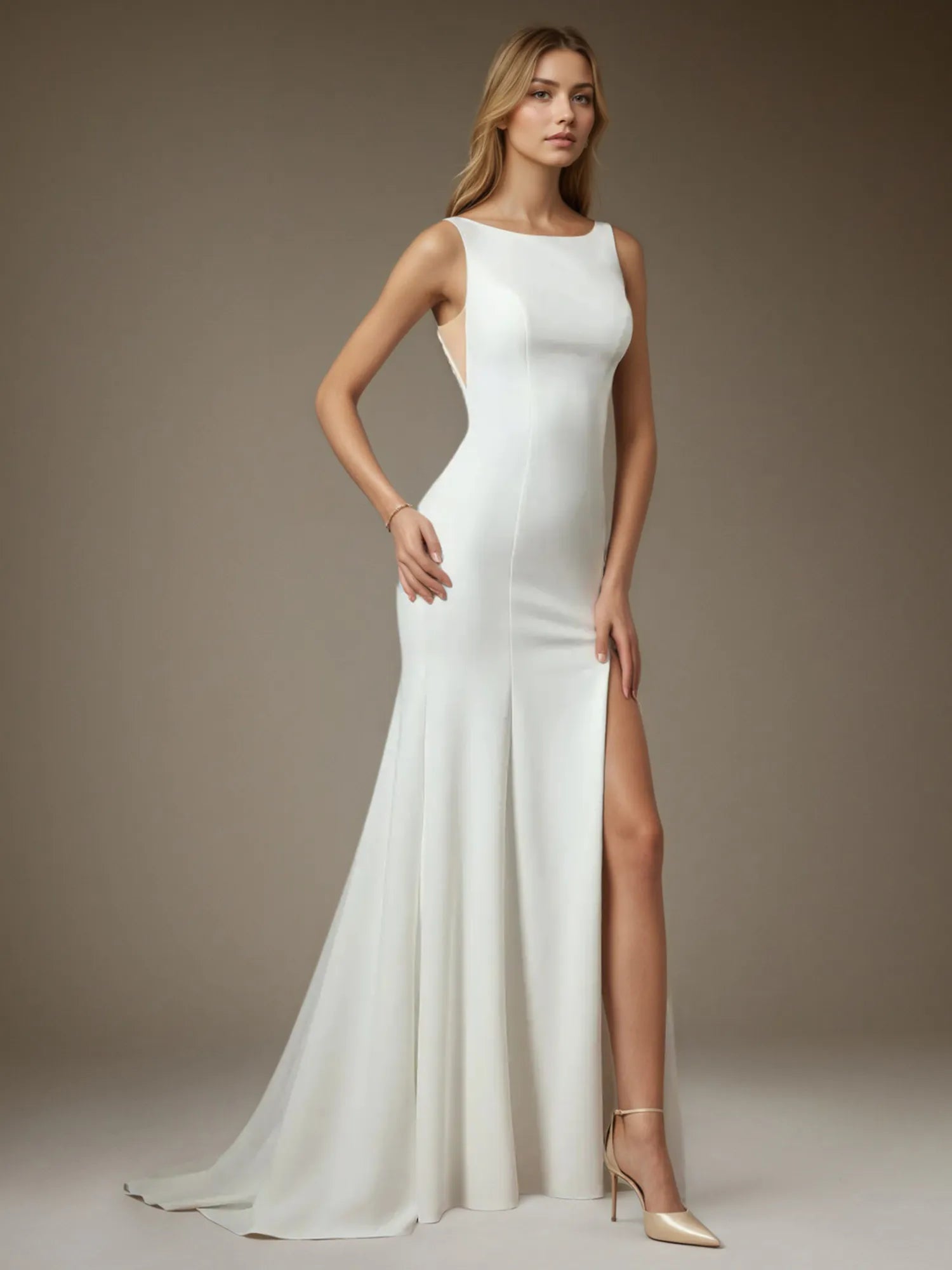 White Champagne Mermaid Side Slit Tulle Wedding Dress