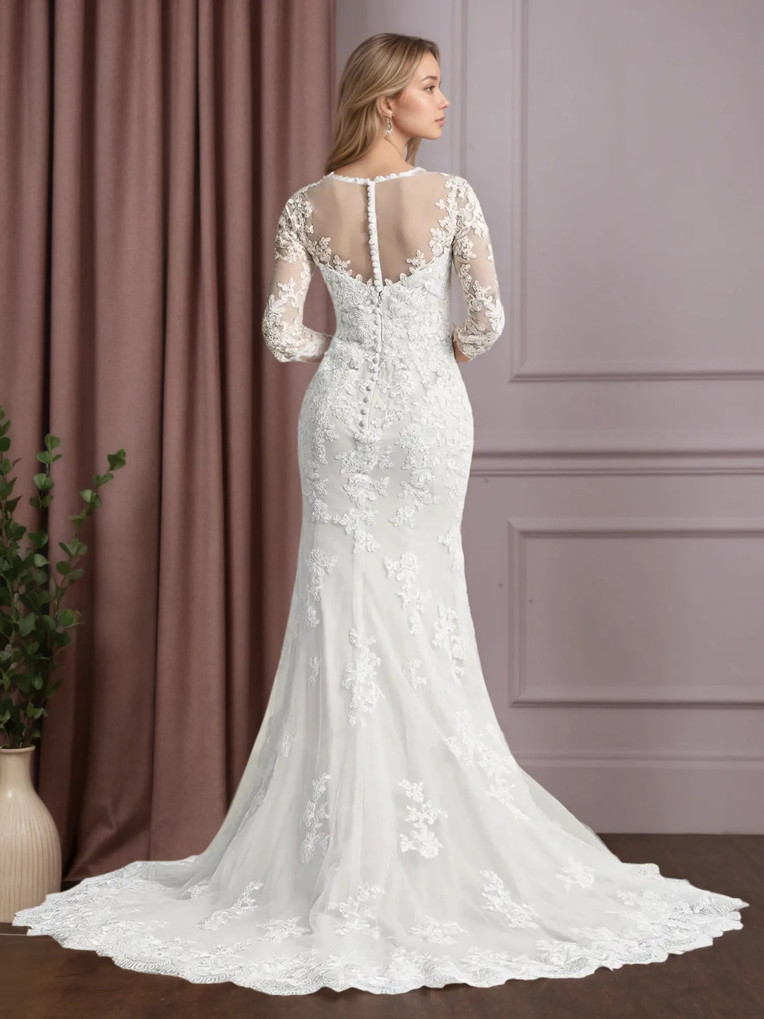 White Mermaid V-Neck Lace Tulle Wedding Dress