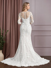 White Mermaid V-Neck Lace Tulle Wedding Dress