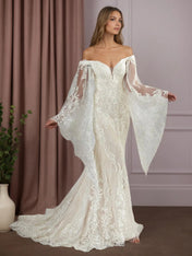 White Champagne Mermaid V-Neck Sequins Lace Wedding Dress