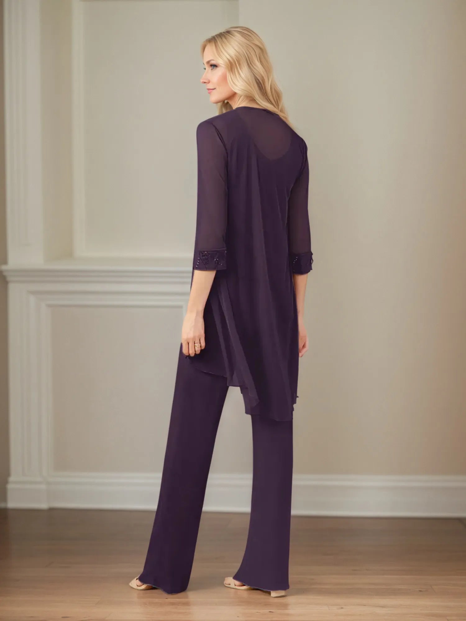 Jumpsuit/Pantsuit Scoop Neck 3/4 Sleeves Chiffon Mother of the Bride Dress