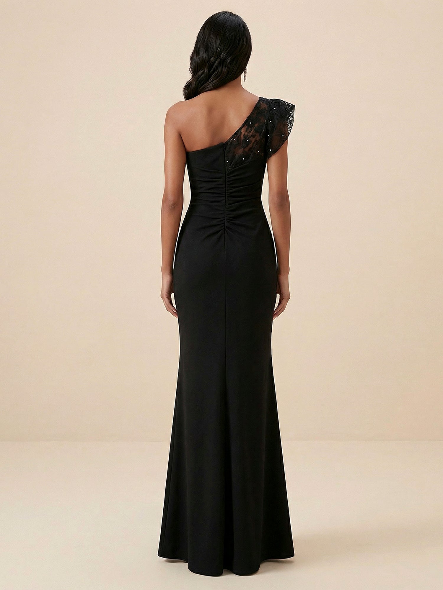 Black One-Shoulder Lace  Ruched Mermaid Evening Dress