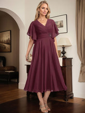 A-line V-Neck Tea-Length Chiffon Mother of the Bride Dress With Pleated Beading