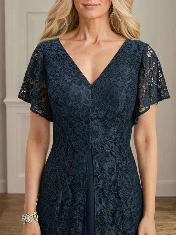 Robe de mère de la mariée en mousseline de soie, coupe trapèze, col en V et longueur thé 
