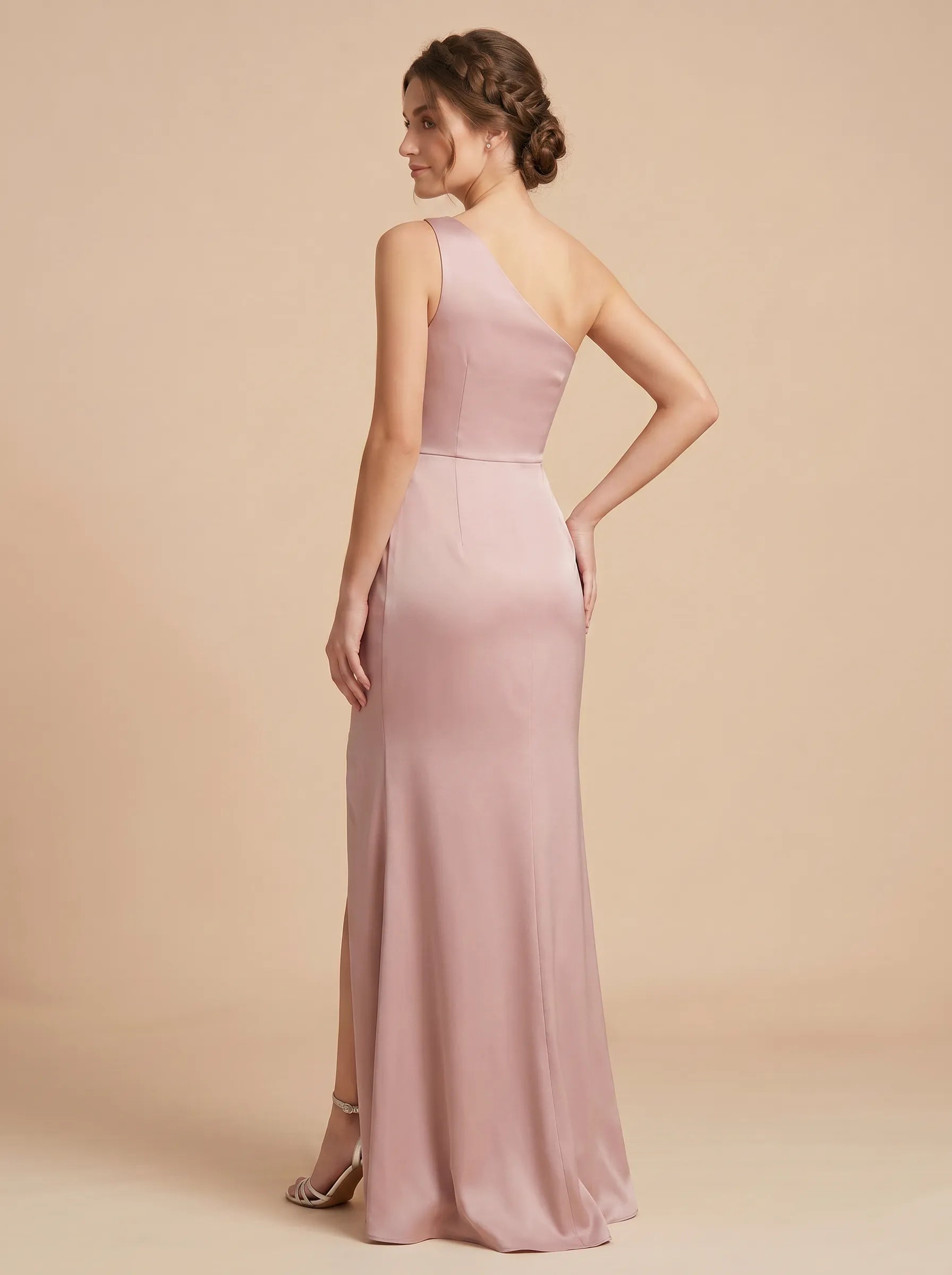 One-Shoulder Satin Mermaid Bridesmaid dresses with Dramatic Thigh-High Side Slit