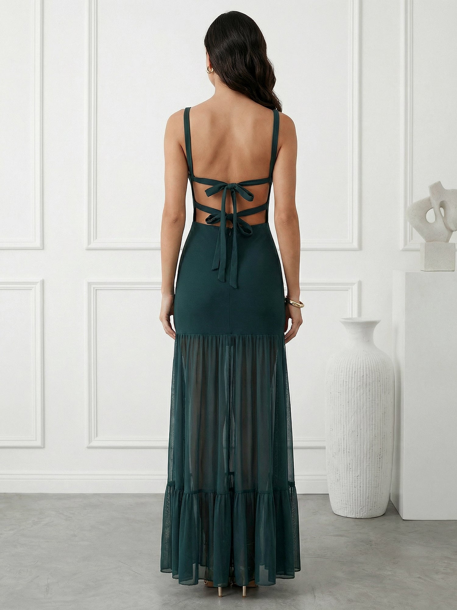 Dark Green Mermaid Boat Neck Maxi Dresses with Ruffle