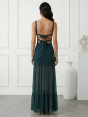 Dark Green Mermaid Boat Neck Maxi Dresses with Ruffle