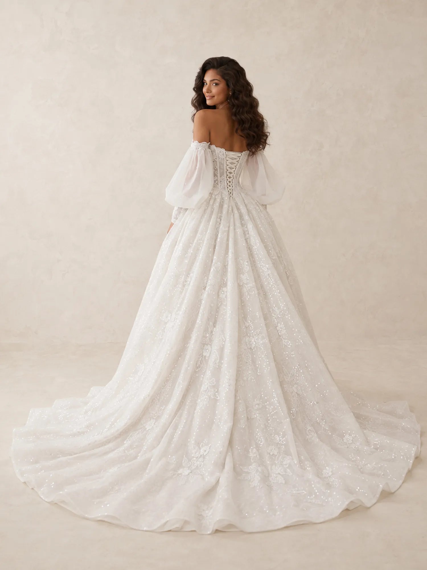 Elegant Off-The-Shoulder Long-Sleeve Lace Ball Gown Wedding Dress with Chapel Train