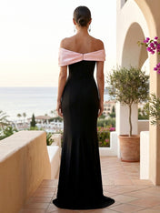 Black Off the Shoulder Mermaid Satin Evening Dresses with Train