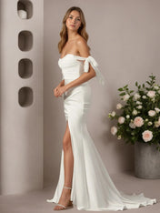 White Mermaid Off the Shoulder Crepe Back Satin Wedding Dress