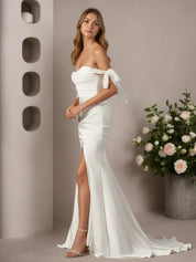 White Mermaid Off the Shoulder Crepe Back Satin Wedding Dress