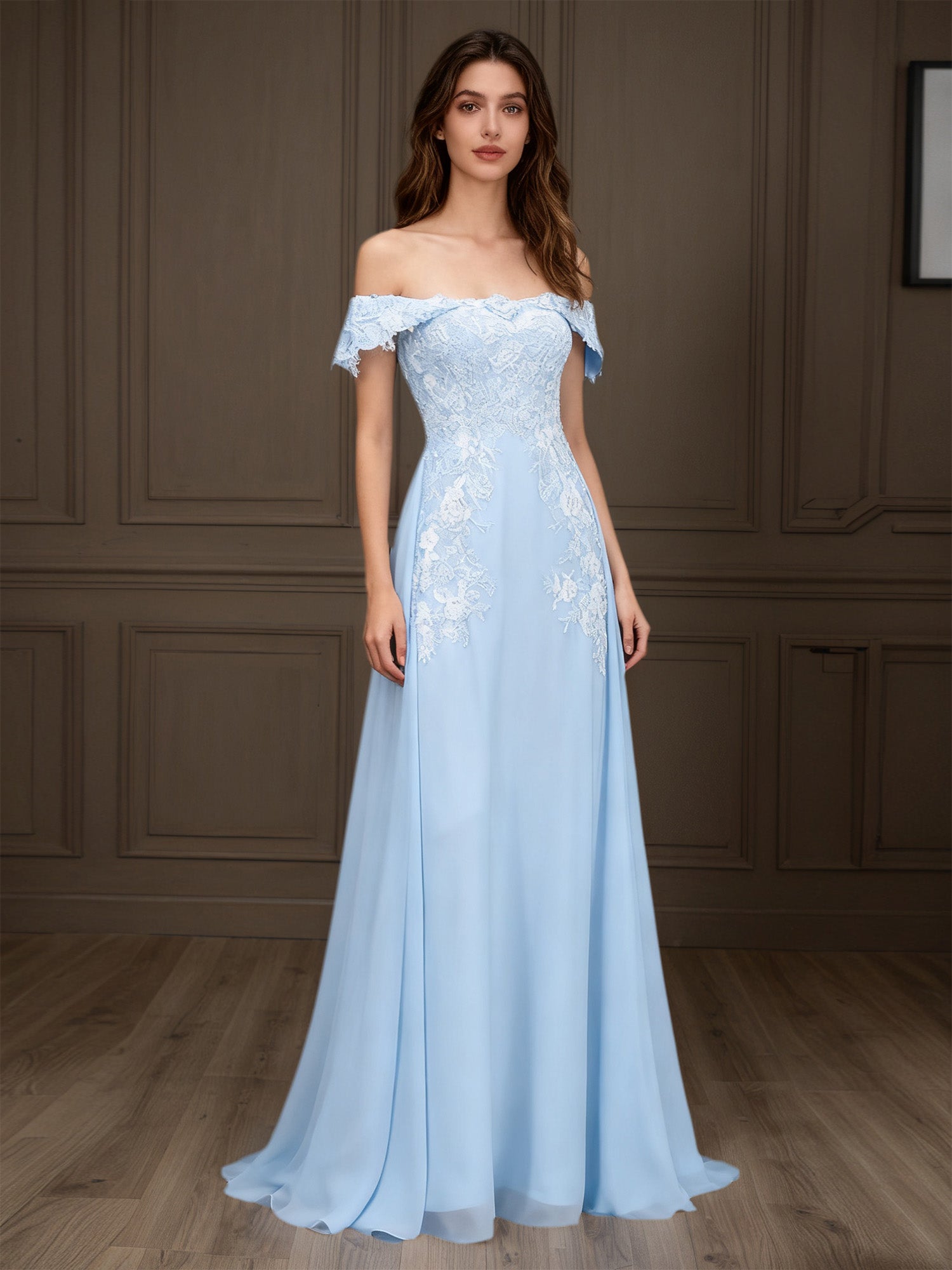 Elegant Off the Shoulder Chiffon Sheath Long Mother of the Bride with Lace Appliques