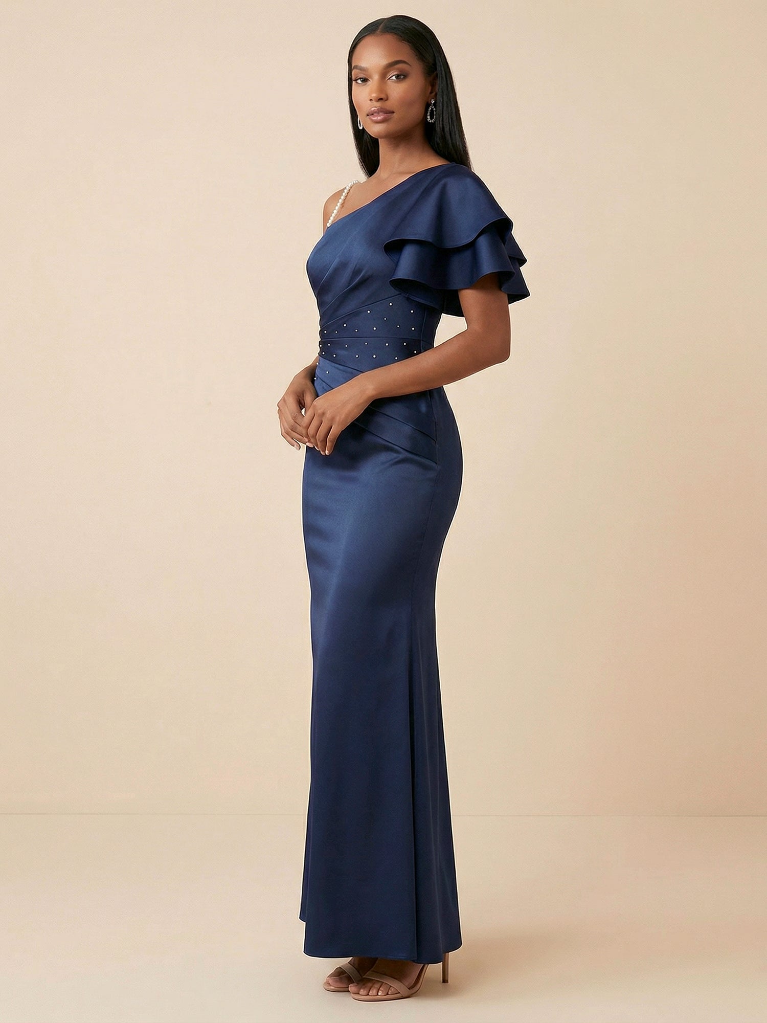 Navy Blue One Shoulder Pleated Maxi Gown with High Slit