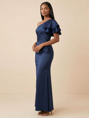 Navy Blue One Shoulder Pleated Maxi Gown with High Slit