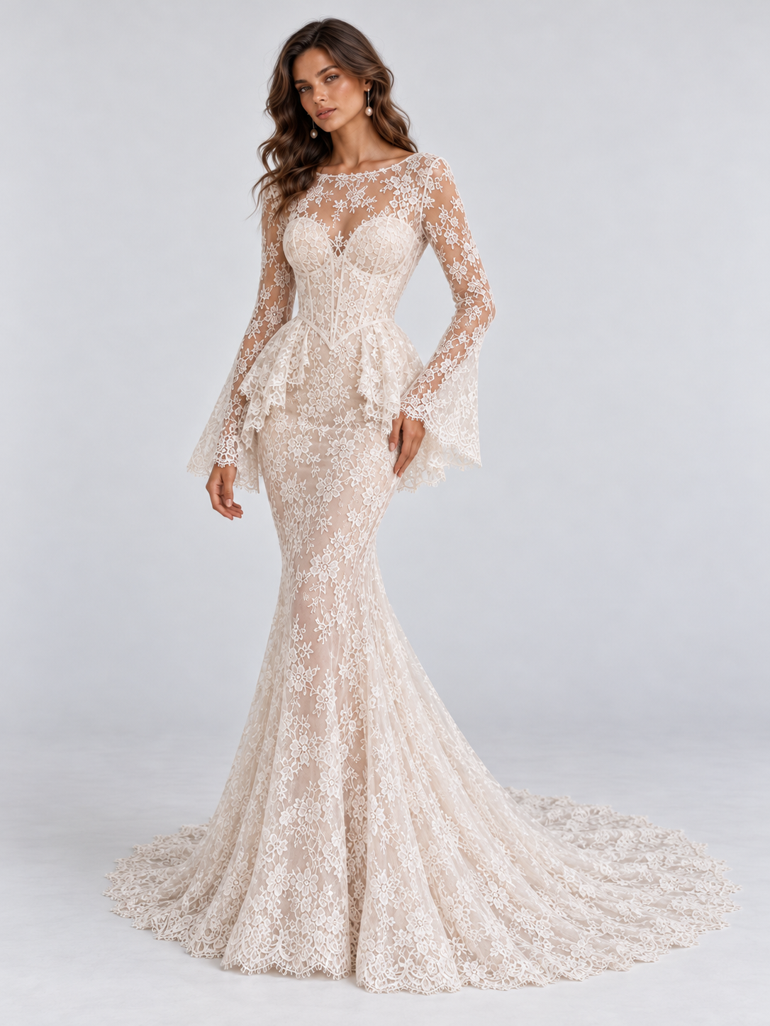 High-Neck Long-Sleeve Lace Mermaid Wedding Dress with Peplum