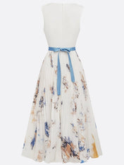 White Pleated Floral Chiffon V Neck Sleeveless A-Line Midi Dress