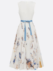 White Pleated Floral Chiffon V Neck Sleeveless A-Line Midi Dress
