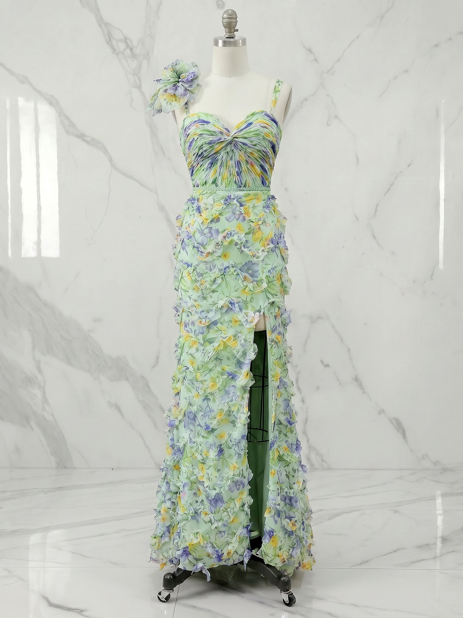 Floral Print Ruffled A-Line Gown with 3D Flower Accent Evening Dresses