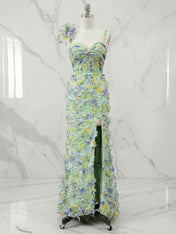 Floral Print Ruffled A-Line Gown with 3D Flower Accent Evening Dresses