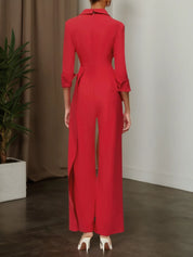 Red Applique Floral Lapel Collar Blazer Wide-Leg Jumpsuit