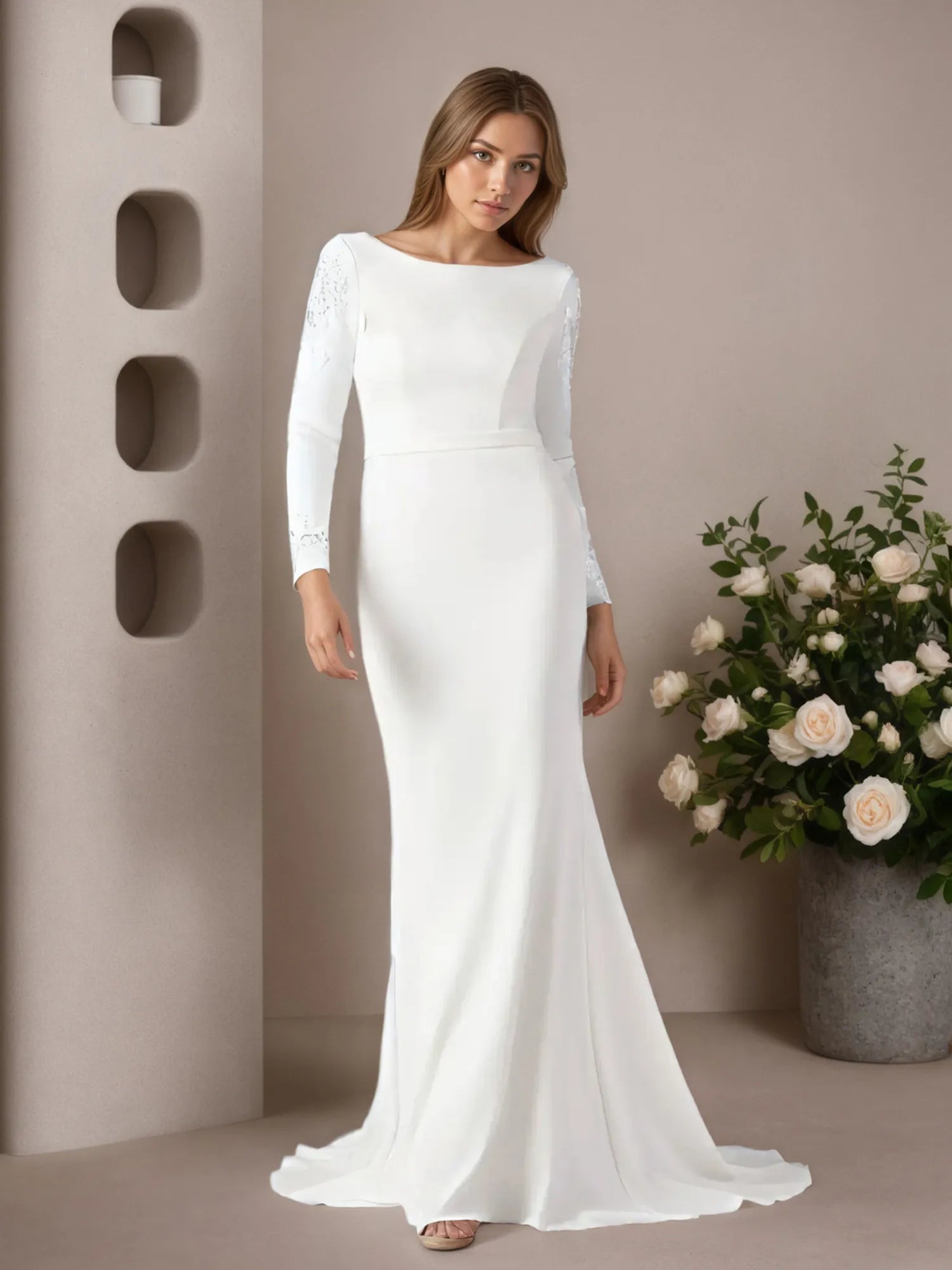 White Mermaid Scoop Sequins Stretch Crepe Wedding Dress