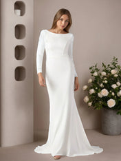 White Mermaid Scoop Sequins Stretch Crepe Wedding Dress