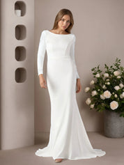 White Mermaid Scoop Sequins Stretch Crepe Wedding Dress