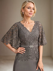 A-line V-Neck Floor-Length Chiffon Lace Mother of the Bride Dress With Crystal Brooch Rhinestone