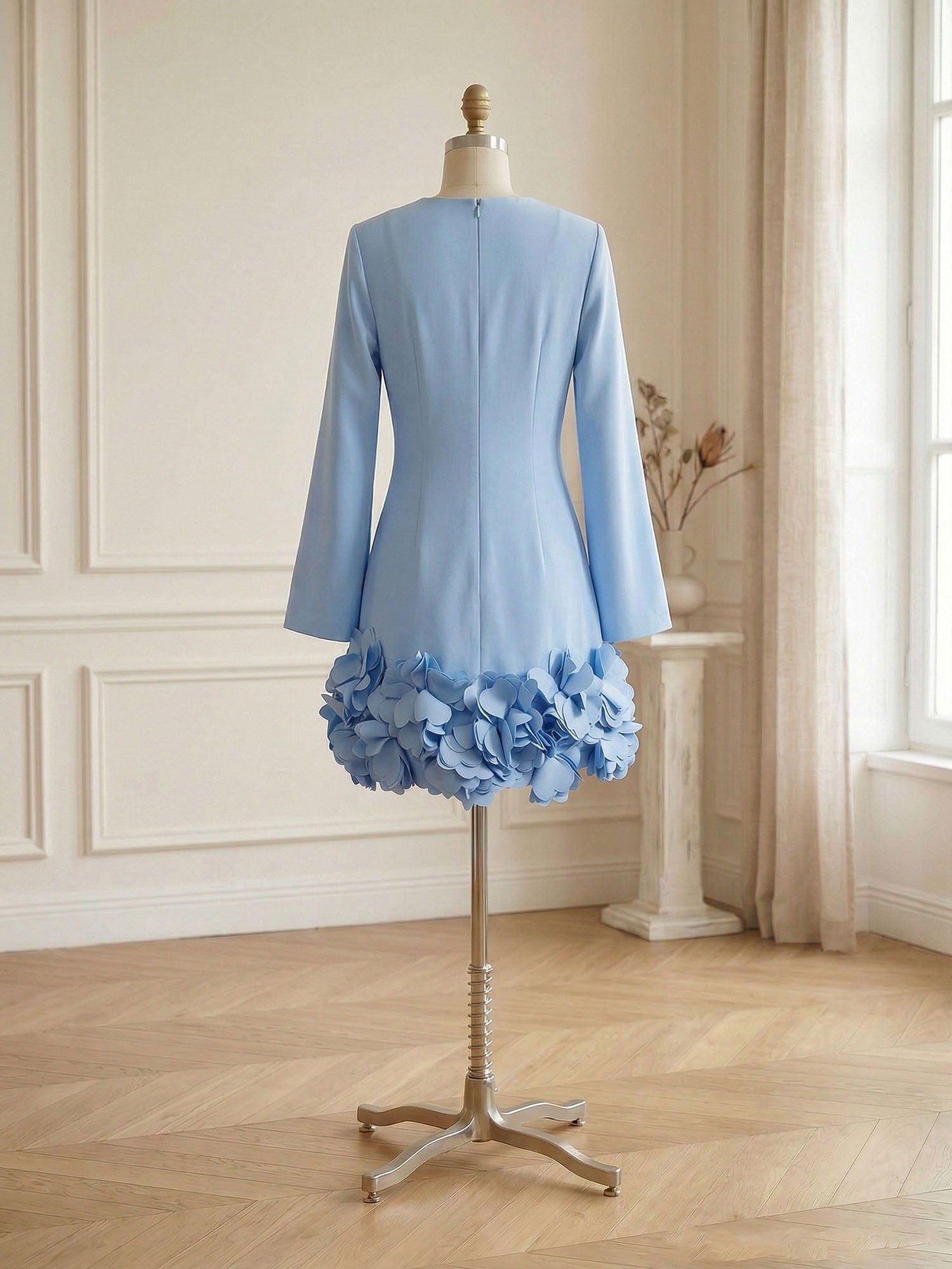 Powder Blue 3D Floral Classic Crew Neck Bell Long Sleeve Shift Mini Dress