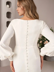 White Sheath Square Neckline Stretch Crepe Wedding Dress