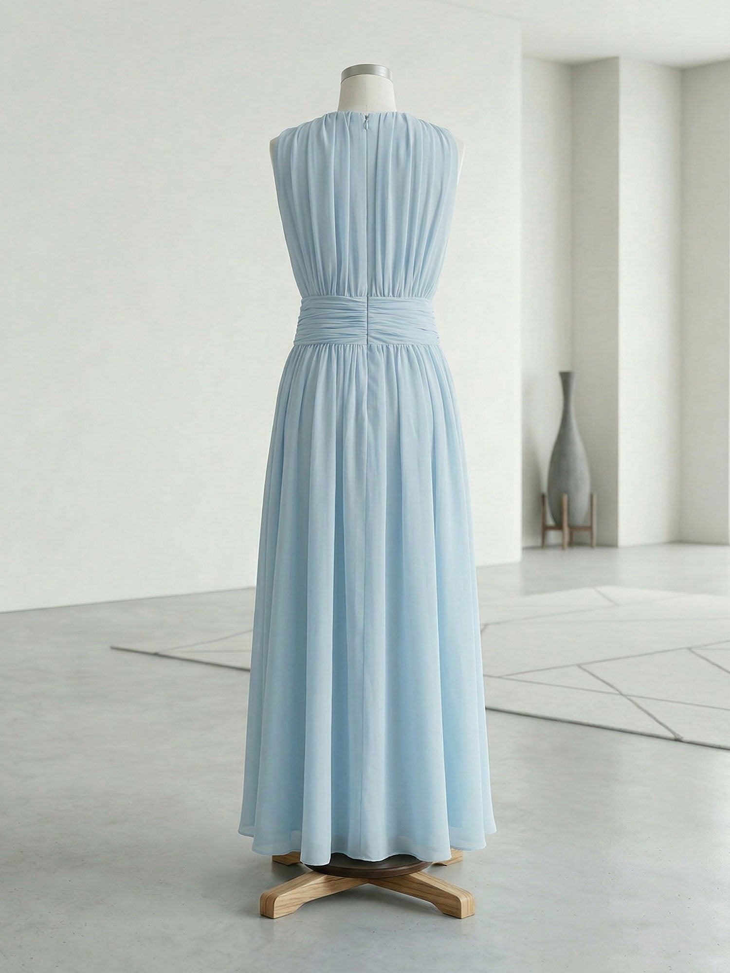 Ethereal Formal Evening Dress Ice Blue Pleated Chiffon Maxi Gown