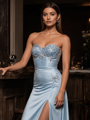 Light Blue Sheath Sweetheart Embroidery Long Satin Formal Dress With Slit