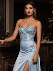 Light Blue Sheath Sweetheart Embroidery Long Satin Formal Dress With Slit