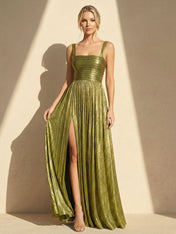 Pleat Maxi Dresses with Slit A Line Regular Straps Formal Dress