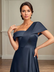 A Line Asymmetrical Floor-Length Satin Mother of the Bride Dress With Pleated